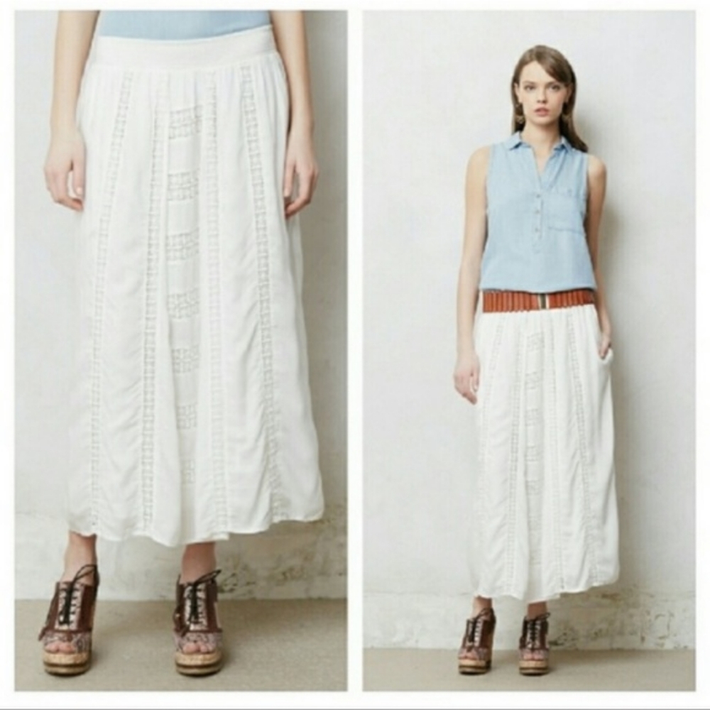 Anthropologie spring skirt maeve white embroidery maxi skirt size small /medium